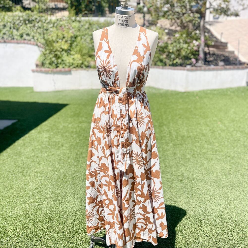 William B Curacao Cutie Plunging Neck Brown Cream Floral Boho Maxi Dress Small